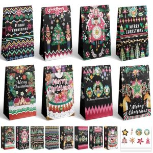 Gcardist Bolsas de regalo de Navidad en papel kraft negro, bolsas de regalo Mini para fiesta de Navidad, bolsas de caramelos y aperitivos con 32 pegatinas para accesorios de fiesta (32 piezas, 12 × 8