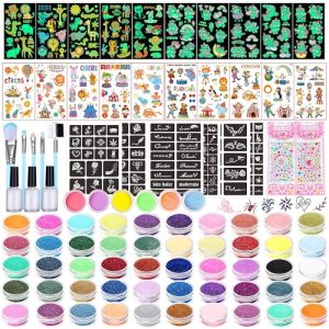 TEUVO 50 Colores Tatuajes Purpurina para Niñas, 132 Temporales Stencils, 6 Latas luminosas Polvo & 10 Pegatinas Luminosas para Niños Tatuajes, Kit Maquillaje para Halloween Navidad Cumpleaños Carnaval