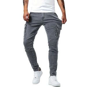 Generisch Pantalones vaqueros largos para hombre, pantalones vaqueros elásticos de corte recto con bolsillos laterales, estilo vintage, cómodos, pantalones vaqueros cargo, ajuste ceñido, pantalones