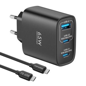 65W Cargador USB C 3 Puertos, Cargador Carga Rapida PD3.0 GAN Enchufe USBC Compatible con MacBook Pro, para iPhone 16/15/14, iPad Pro, Galaxy S25/S24, Pixel, Steam Deck DELL, Negro con Cable Tipo C