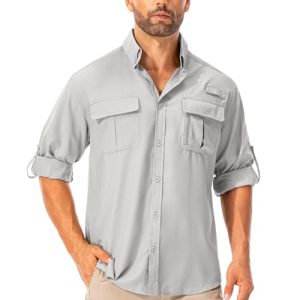 Asfixiado Camisa para hombre UPF50+ Camisa UV de manga larga Camisa transpirable con botones Camisa funcional Camisa al aire libre Deporte Ocio Camisa de pesca para hombre, gris, L