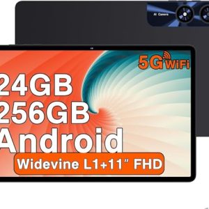 2026 Newest Tablet 11 Pulgadas Android con 24GB RAM + 256GB ROM (2TB TF), Octa-Core 2.0 GHz, Widevine L1, 5G WiFi, Bluetooth 5.0, 8000mAh, 5MP + 13MP, 1280 * 800, Facial ID, Tablet con Funda – Negro