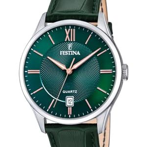 Festina Reloj Hombre Analógico de Cuero Verde – Movimiento de Cuarzo – Calendario – Cristal Mineral de Alta Resistencia – Resistente al Agua 5 ATM Elegante y Clásico F20426/7