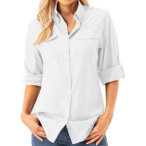 Asfixiado Blusa de mujer con protección UV UPF 50+, ropa de safari, blusa de senderismo para mujer, enfriamiento al aire libre, secado rápido, protección solar, manga larga, aireada, blanco, S
