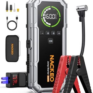 Arrancador de Baterias de Coche 8000A con Compresor, 160PSI Inflador de Neumáticos, Jump Starter 12V, Arrancador de Coches para Vehículo (Todo Gasolina o 12L Diésel), Pantalla LCD, Luz de Emergencia