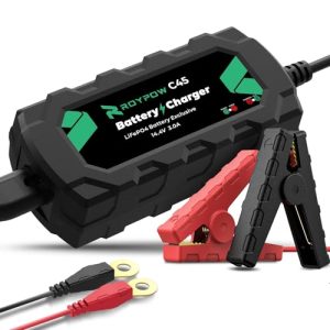 Cargador de batería de Litio de 12 V LiFePO4, RoyPow Cargador de Goteo de 3 amperios con Clip de cocodrilo y Terminal de Anillo