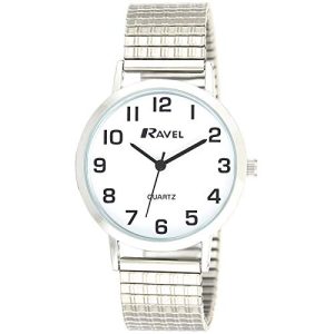 Ravel – Reloj Tradicional Unisex con Esfera de Números Claros con Correa Extensible – Tono Plateado