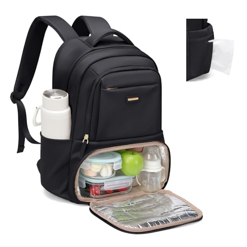 Mochila de Almuerzo Portatil, Mochilas Ordenador Portatil 16 Pulgadas, Mochilas Térmica con Compartimento para Almuerzo, para Escuela, Oficina, Picnic y Viaje (Negro)