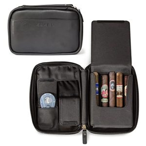 CASE ELEGANCE Travel Funda de Cuero para cigarros, 5 Compartimentos para Accesorios, 2 Bolsillos para humidificación, protección Interna de Carcasa Dura (Negro)