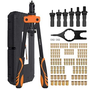 Proster Remachadora de Tuercas Profesional con 150 pcs Tuercas Remachadora Manual 60HRC 36cm Manija con Remaches M3-M10 para Garaje Tallar Construcción Bricolaje Industria de Acero Inoxidable-Naranja