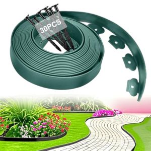 Bordillo para Césped Flexible de Plástico, Rejilla para Césped, Bordillo de Jardín para Delimitación, Jardín, Terraza y Parterres, 10m×5cm Alto con 30 Piquetes de Anclaje, Verde