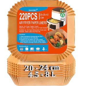 Papel Freidora Aire, 220 Piezas 20-24CM Papel Air Fryer Cuadrado, Papel de Horno de Airfryer 5,5 6L, Accesorios Airfryer de Pergamino Desechable Antiadherente para Horno Freidora Aire Microonda