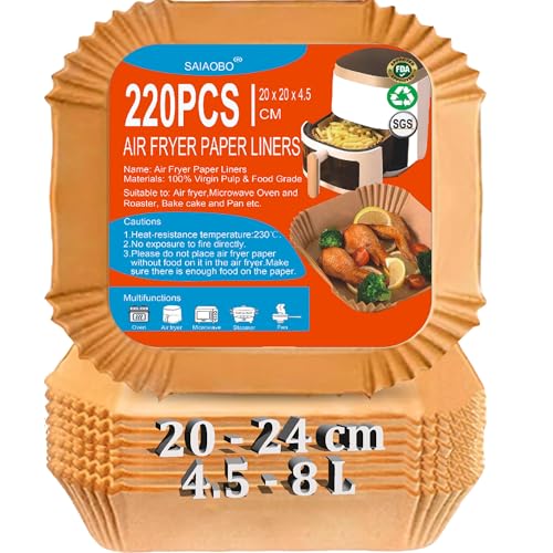 Papel Freidora Aire, 220 Piezas 20-24CM Papel Air Fryer Cuadrado, Papel de Horno de Airfryer 5,5 6L, Accesorios Airfryer de Pergamino Desechable Antiadherente para Horno Freidora Aire Microonda