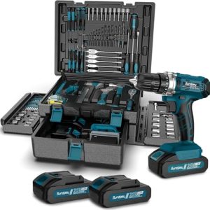 Sundpey Taladro Percutor a Bateria 21V – Caja de Herramientas 255 Piezas con Taladro Atornillador Batería Juego Herramientas con Cajón Portátil Completo para Reparaciones Domésticas y Automotrices