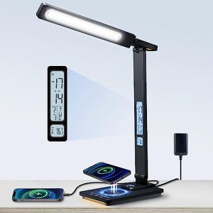 DESCUENTO: YAMYONE Lámpara de Escritorio LED con Cargador Inalámbrico & Puerto USB, Lámpara de Mesa 5 Colores 5 Brillos 2 Luces Nocturnas, Pantalla LCD Reloj Temperatura Protección Ocular Lámpara de Noche al mejor precio