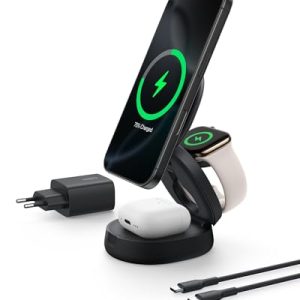 Belkin BoostCharge Cargador Inalámbrico Compatible con MagSafe, Estación de Carga Inalámbrica 3 en 1 de 15W, Certificación Qi2, iPhone 17, Air, Pixelsnap, Apple Watch y AirPods, Adaptador 36W – Negro rebajado hoy