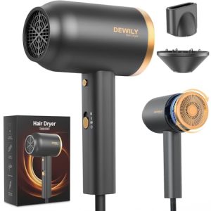 PROMOCIÓN: Secador de Pelo Iónico con Difusor DEWILY 1800W – Secado Rápido con Botón Frío/Calor, Difusor Termostático, 3 Temperaturas y 2 Velocidades, Incluye Concentrador y para Rizos,Negro y Dorado