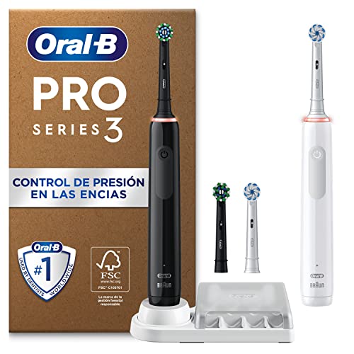DESCUENTO: Oral-B Pro 3 Pack De 2 Cepillos de Dientes Eléctricos con Mango Recargable y 4 Cabezales de Recambio, 3 Modos De Cepillado Con Modo Sensible, Temporizador, Diseñado por Braun, Negro y Blanco | Oferta Amazon