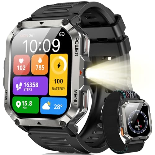 PROMOCIÓN: Blackview Reloj Inteligente Hombre Militar - Linterna y Brújula, 2.01"Smartwatch Hombre con 100+ Modos Deportivos, Llamadas /Notificación, Pulsómetro/Oxímetro/Sueño, Pulsera Actividad, Negro