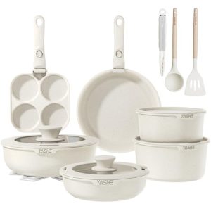 CHOLLO: YASHE cocina antiadherente de 20 piezas – Juego de ollas y sartenes con asas extraíbles, compatible con lavavajillas, apilable, ideal para familias, blanco | Oferta Amazon
