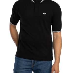 Armani Exchange Polo para Hombre, Manga Doble a Rayas y Cuello con Logotipo de Monoga Lateral, Negro, S, Negro, S con descuento