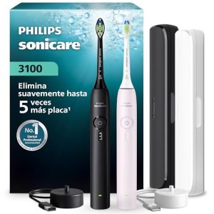 Cepillo Philips Sonicare Serie 3100 – Cepillo dental sónico, sensor de presión, 3 intensidades, EasyStart, SmarTimer, autonomía 14 días, estuche, negro y rosa claro, pack doble, HX4072/42, | Oferta Amazon