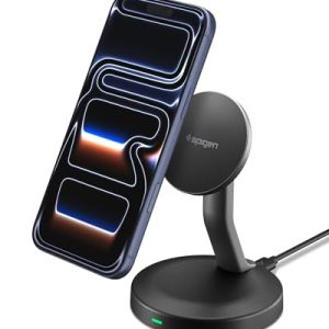 Spigen Essential 15W Cargador MagSafe Estación de carga inalámbrica soporte para iPhone 17 16 15 14 13 Pro Max Air & Fundas MagSafe para Galaxy S25, Pixel 10 Pro XL – Negro