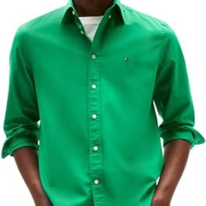 OFERTA: Tommy Hilfiger Camisa Hombre Flex Poplin Solid Regular Fit, Verde , M rebajado hoy