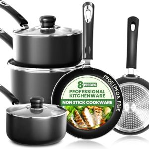 REBAJADO: KICHLY Juego de ollas y sartenes antiadherentes 5 piezas, juego de cocina, sartenes de inducción de 20 cm, 28 cm, cacerolas con tapas 20 cm, 18 cm, cacerola sin inducción 16 cm, juego de ollas y con oferta