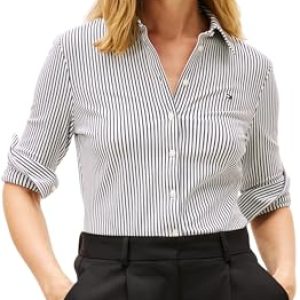 DESCUENTO: Tommy Hilfiger Camisa de piqué para Mujer 1985 Slim Piqué BTN Down LS WW0WW43528 L/S, Color Blanco , Talla L, Blanco , L con oferta