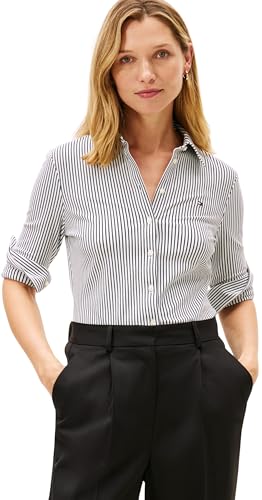 DESCUENTO: Tommy Hilfiger Camisa de piqué para Mujer 1985 Slim Piqué BTN Down LS WW0WW43528 L/S, Color Blanco , Talla L, Blanco , L con oferta