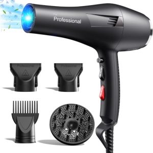 TOP VENTAS: Secador pelo profesional iones, Hair Dryer iónico con 1 difusor, 2 boquillas de peinado, 3 temperaturas, aire frío y caliente, secado rápido para todo tipo de cabello Negro con descuento