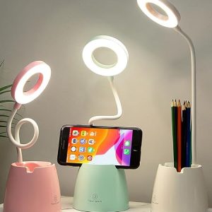Lámpara LED de Escritorio Recargable con Cuello Flexible, 3 Modos de Luz y Brillo Regulable, Soporte para Móvil y Portalápices, Ideal para Estudio y Oficina, Adaptador Incluido rebajado hoy