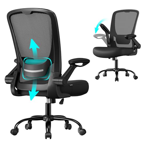 TOP VENTAS: SONGMICS Silla de Oficina, Silla de Escritorio de Malla, Silla Giratoria Ergonómica, Soporte Lumbar, Oscilante, Asiento de 53 cm, Apoyabrazos Abatibles, Negro OBN037BKV2 con descuento