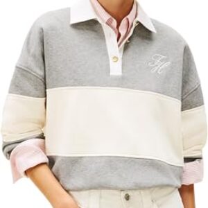 ¡GRAN PRECIO! Tommy Hilfiger Sudadera Mujer Gold Btn Rugby Fleece Swtsrt con Botones, Gris , L con descuento
