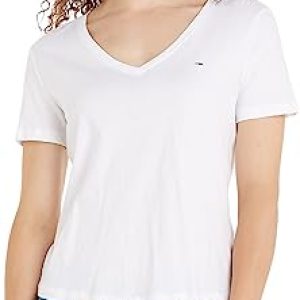 CHOLLO: Tommy Jeans Mujer Camiseta Manga Corta TJW Slim Soft Cuello de Pico, Blanco , XL con oferta