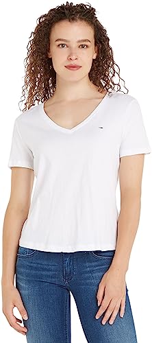 CHOLLO: Tommy Jeans Mujer Camiseta Manga Corta TJW Slim Soft Cuello de Pico, Blanco , XL con oferta