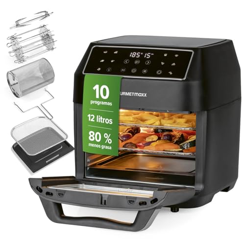 CHOLLO: GOURMETmaxx freidora de aire caliente 12 L Airfryer | freidora con 9 funciones, pantalla táctil, pinchos giratorios y shashlik | 10 progas incl. pizza | mini horno 1700 W - prácticamente sin aceite con descuento