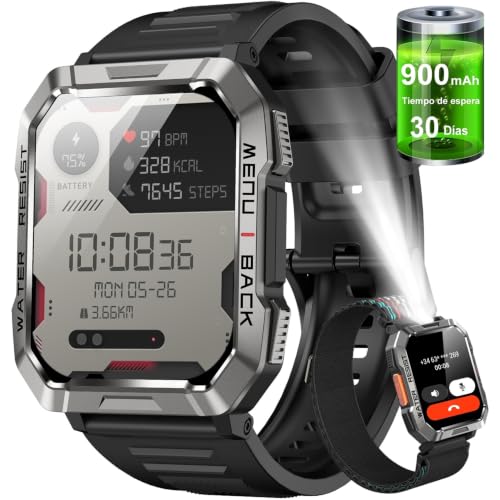 REBAJADO: Reloj Inteligente Hombre con Linterna,Brújula,2 Correas,900 mAh Impermeable Smartwatch Hombre Militar de 2.01" con Llamadas,IP68 Smartwatch con 100+Modos Deportivos con Pulsómetro/Monitor | Oferta Amazon